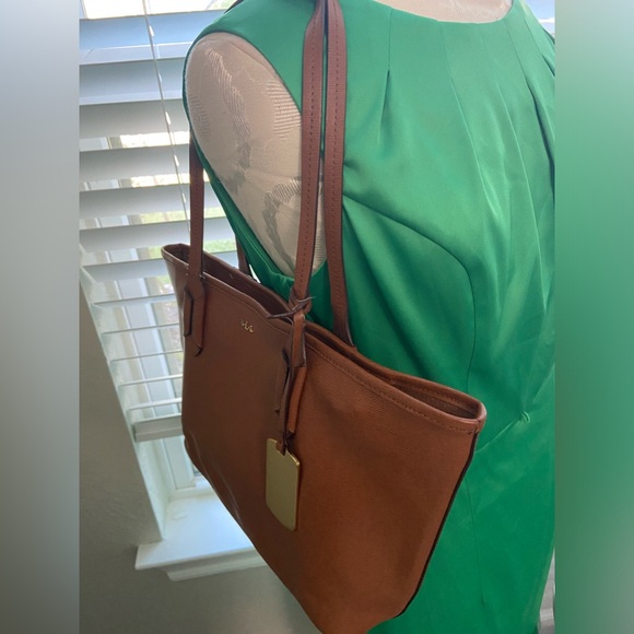 Lauren Ralph Lauren Gorgeous Camel Brown Canvas Leather Medium Shoulder Tote Bag - Picture 12 of 16